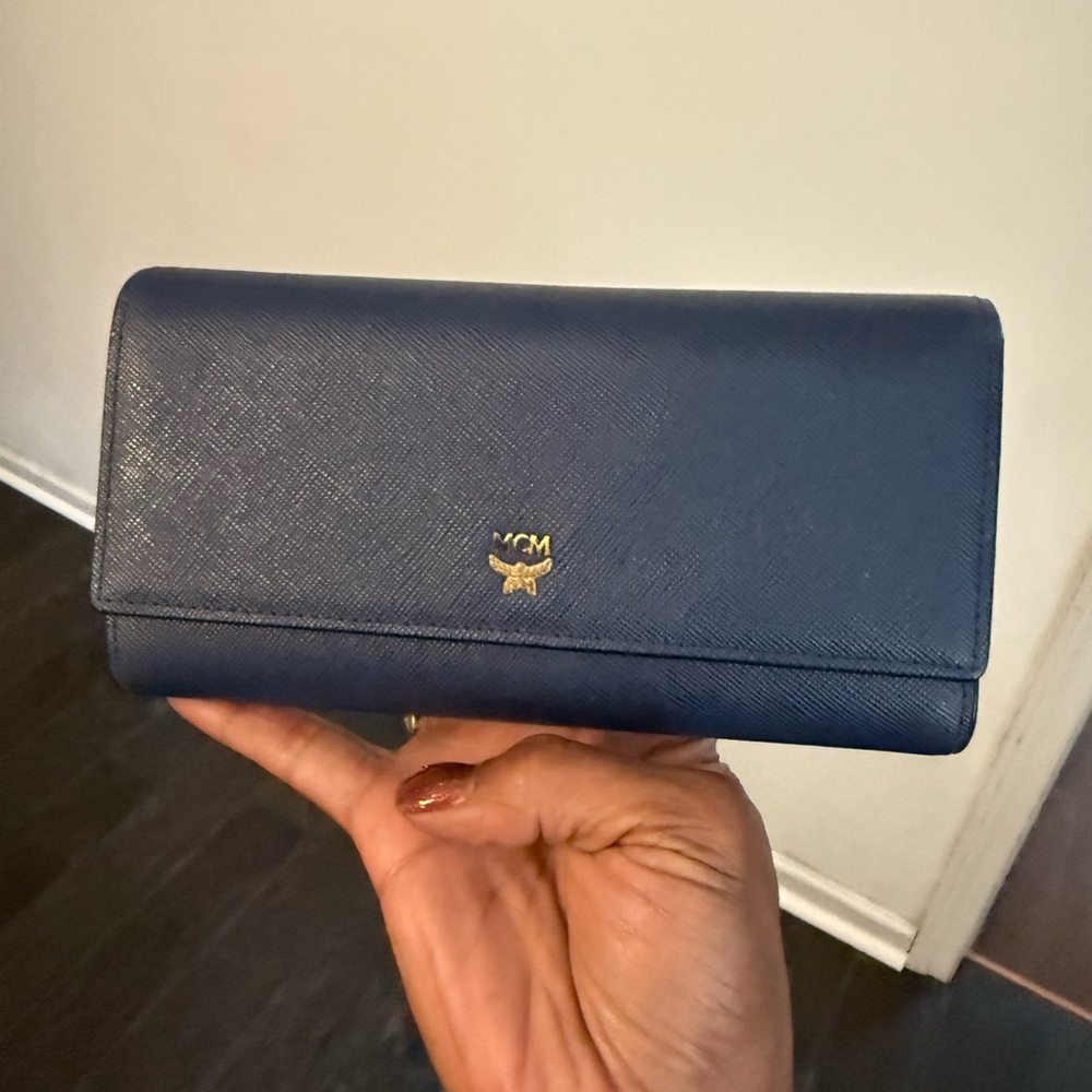 MCM Navy Blue Leather Continental Wallet with Gold Logo